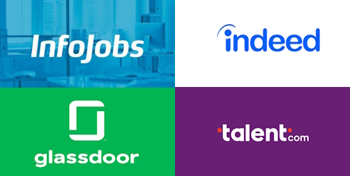 quattro principali siti per trovare lavoro, i loghi di Infojobs, Indeed, glassdoor e talent.